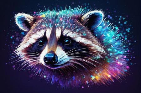 A holographic Raccoon is an animal, made up of many particles. Generative AI.の写真素材