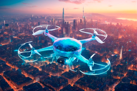 A holographic High-tech drone is flying over the city, made up of many particles. Generative AI.の写真素材