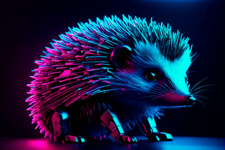 Portrait of a robotic hedgehog, neon aesthetics, neo-noir. Generative AI.の写真素材