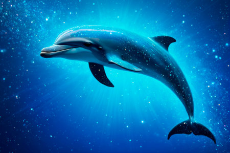 Holographic dolphin consisting of many particles in the sky. Generative AI.
