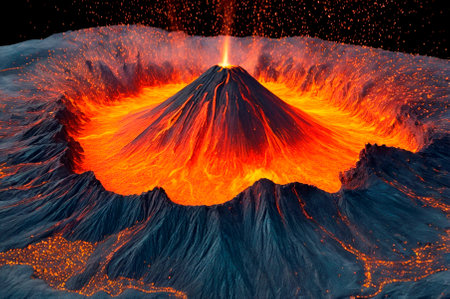 Holographic volcanic eruptions, made up of many particles. Generative AI.