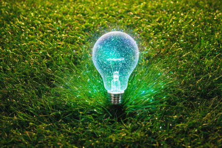 A holographic Lighted light bulb on the grass, made up of many particles. Generative AI.