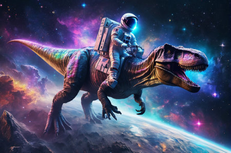 A holographic Astronaut riding a tyrannosaurus rex in outer space, made up of many particles. Generative AI.の写真素材