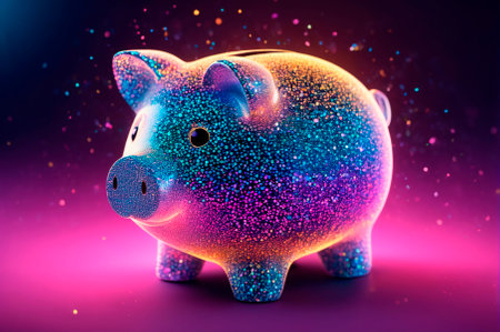 Holographic piggy bank made of many particles. Generative AI.の写真素材