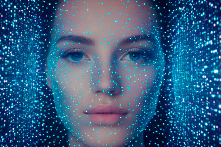 A holographic Digital face is a hologram, made up of many particles. Generative AI.の写真素材