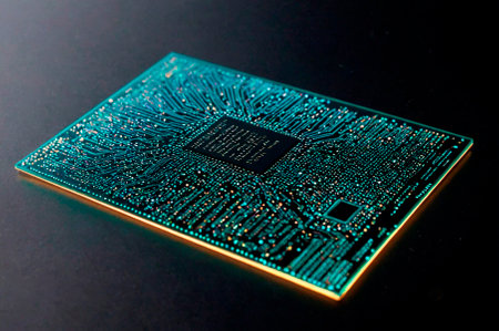 Holographic microchip graphics card made of many particles. Generative AI.