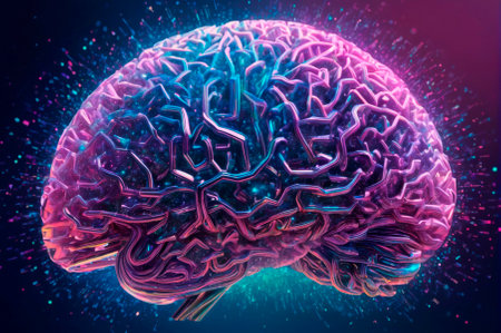 Holographic brain made of many particles. Generative AI.の写真素材
