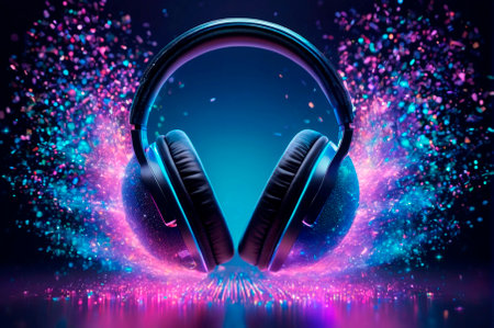 Holographic a headphones made of many particles. Generative AI.