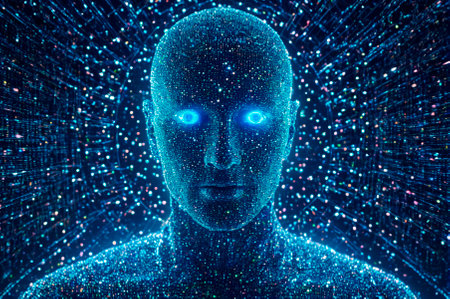 A holographic Futuristic image of a man with robotic eyes, made up of many particles. Generative AI.の写真素材