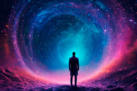 A holographic Man opens the portal of the universe, made up of many particles. Generative AI.の写真素材