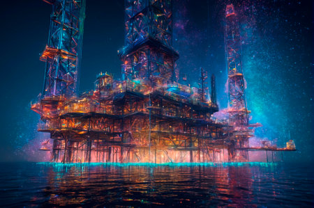 Holographic oil rig made of many particles. Generative AI.の写真素材