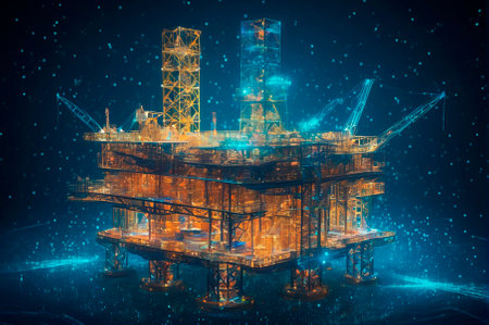 A holographic oil rig, made up of many particles. Generative AI.の写真素材