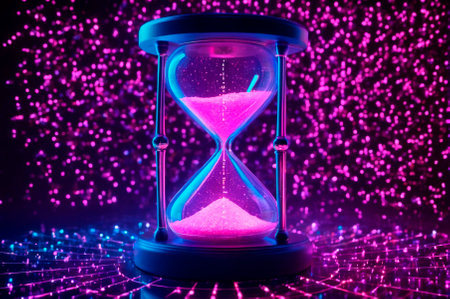 A holographic Hourglass with neon lighting and counting down the time, made up of many particles....