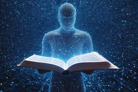 A holographic Man with a book and a map, made up of many particles. Generative AI.の写真素材