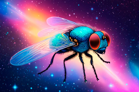 Holographic fly consisting of many particles in the sky. Generative AI.の写真素材