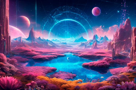 A holographic Landscape is the future of technology, made up of many particles. Generative AI.の写真素材