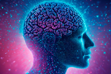 A holographic Digitized human head through which the brain is visible, made up of many particles. Generative AI.の写真素材