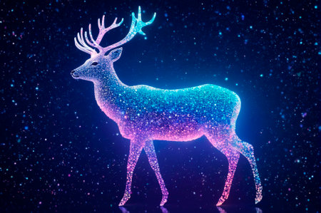Holographic deer consisting of many particles in the sky. Generative AI.の写真素材