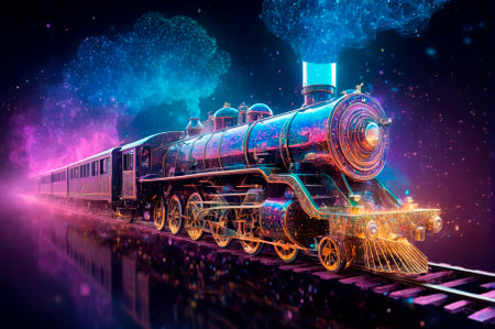 Holographic steam train made of many particles. Generative AI.の写真素材
