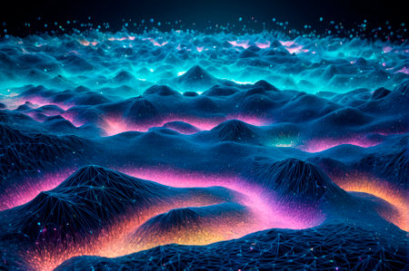 A holographic landscape mechanisms, made up of many particles. Generative AI.の写真素材