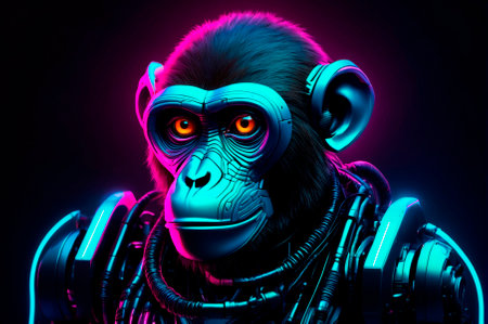 Portrait of a robotic monkey, neon aesthetics, neo-noir. Generative AI.の写真素材