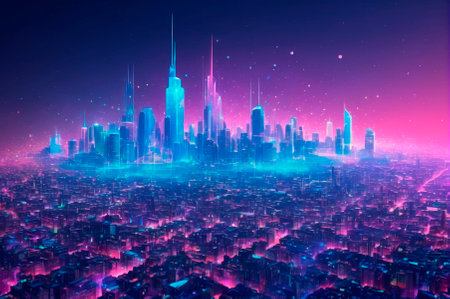 A holographic The urban landscape, made up of many particles. Generative AI.
