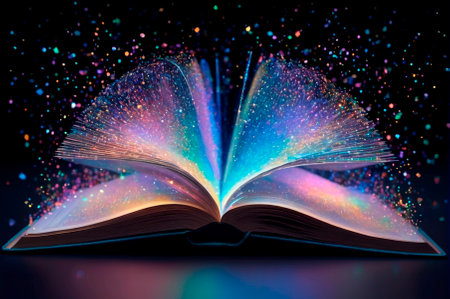 Holographic an open book, made up of many particles. Generative AI.