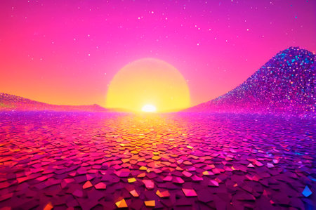 A holographic sunset landscape, made up of many particles. Generative AI.