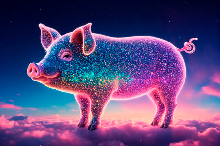 Holographic pig consisting of many particles in the sky. Generative AI.の写真素材
