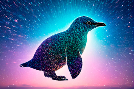 Holographic penguin consisting of many particles in the sky. Generative AI.の写真素材