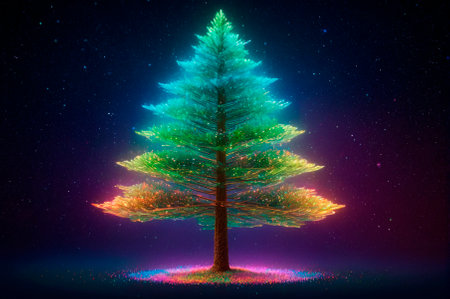 A holographic pine tree, made up of many particles. Generative AI.の写真素材
