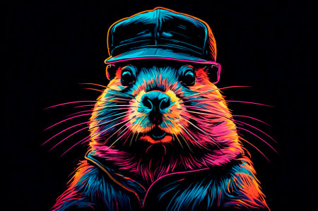 Portrait of an beaver with black glasses, wearing a cap on his head, illustration, neon aesthetics, neo-noir. Generative AI.の写真素材