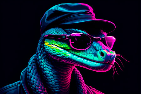Portrait of an snake with black glasses, wearing a cap on his head, illustration, neon aesthetics, neo-noir. Generative AI.の写真素材