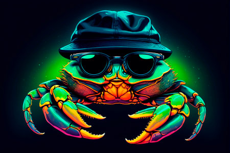 Portrait of an crab with black glasses, wearing a cap on his head, illustration, neon aesthetics, neo-noir. Generative AI.の写真素材
