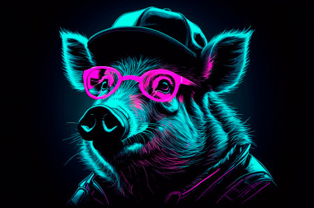Portrait of a wild boar with black glasses, wearing a cap on his head, illustration, neon aesthetics, neo-noir. Generative AI.の写真素材