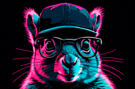 Portrait of an squirrel with black glasses, wearing a cap on his head, illustration, neon...