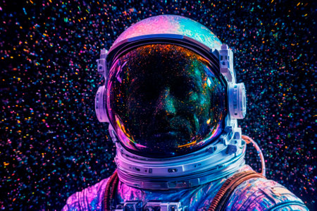A holographic Portrait of an astronaut in a space suit, made up of many particles. Generative AI.の写真素材