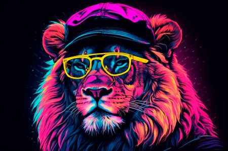 Portrait of a lion with glasses, wearing a cap on his head, illustration, neon aesthetics, neo-noir. Generative AI.の写真素材