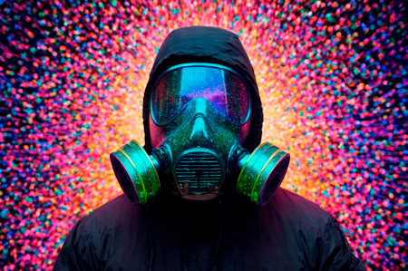 Holographic gas mask made of many particles. Generative AI.