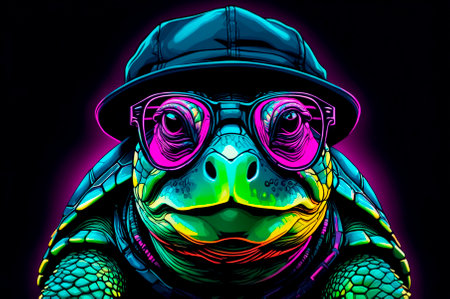 Portrait of an turtle with black glasses, wearing a cap on his head, illustration, neon aesthetics, neo-noir. Generative AI.の写真素材