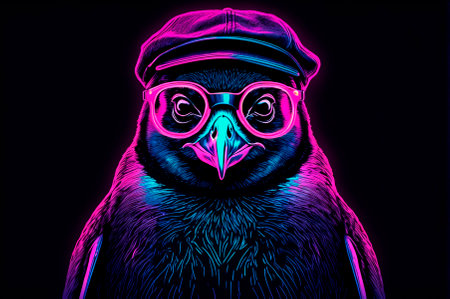 Portrait of an penguin with black glasses, wearing a cap on his head, illustration, neon aesthetics, neo-noir. Generative AI.の写真素材