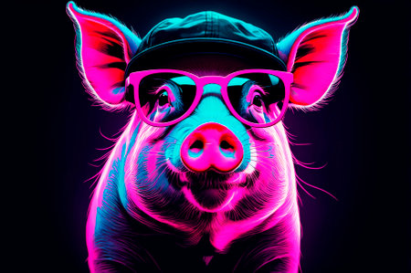 Portrait of an pig with black glasses, wearing a cap on his head, illustration, neon aesthetics, neo-noir. Generative AI.の写真素材