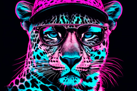 Portrait of an leopard with black glasses, wearing a cap on his head, illustration, neon aesthetics, neo-noir. Generative AI.の写真素材