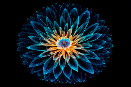 A holographic flower X-rayed with particles on a dark background, made up of many particles. Generative AI.の写真素材