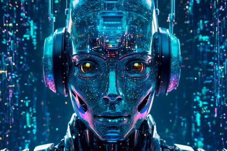 A holographic Futuristic portrait of a robot with a camera, made up of many particles. Generative AI.の写真素材
