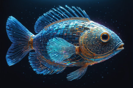 A holographic Portrait of a robotic fish in high-tech 3d glasses, made up of many particles. Generative AI.の写真素材