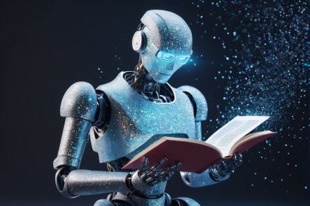 A holographic High-tech robot is reading a book, made up of many particles. Generative AI.の写真素材