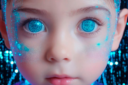 A holographic Child with robotic eyes, made up of many particles. Generative AI.