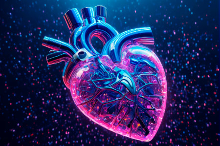 A holographic Portrait of a robotic fish in high-tech 3d glasses, made up of many particles. Generative AI.の写真素材