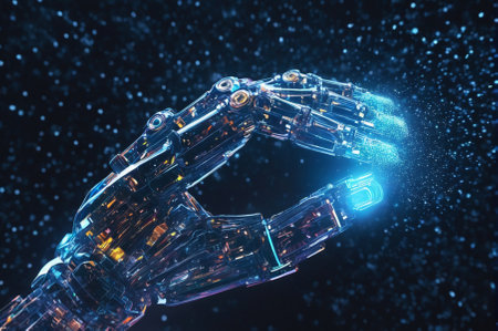 A holographic Robot arm with glowing particles, made up of many particles. Generative AIの写真素材